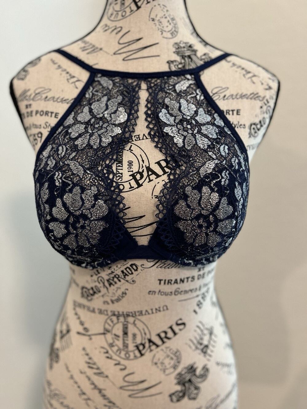 Adore Me Navy Blue Lace Bralette Size 32B Silver Floral Pattern Bra Halter
